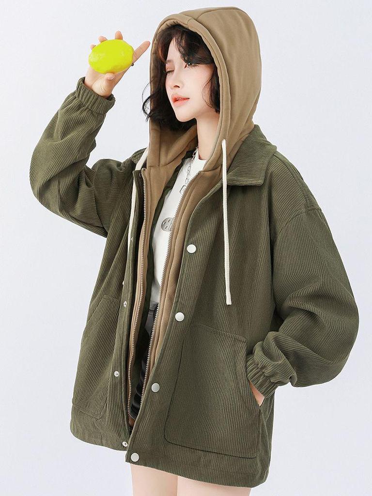 Japanese Trendy Corduroy Hooded Jacket with Fleece Lining: Autumn/Winter Hong Kong Style for Men