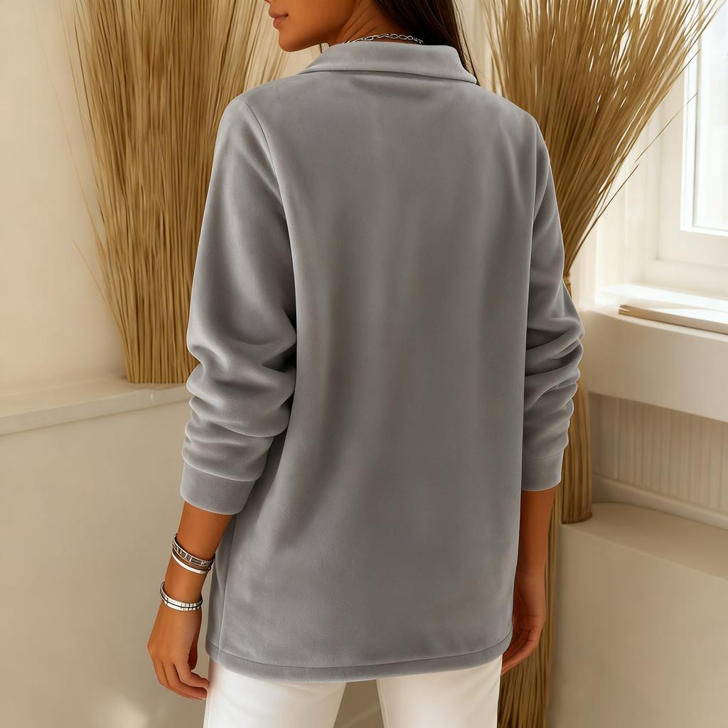 Women's Fashionable Solid Color V-neck Long Sleeved Casual Loose Plush Warm Top