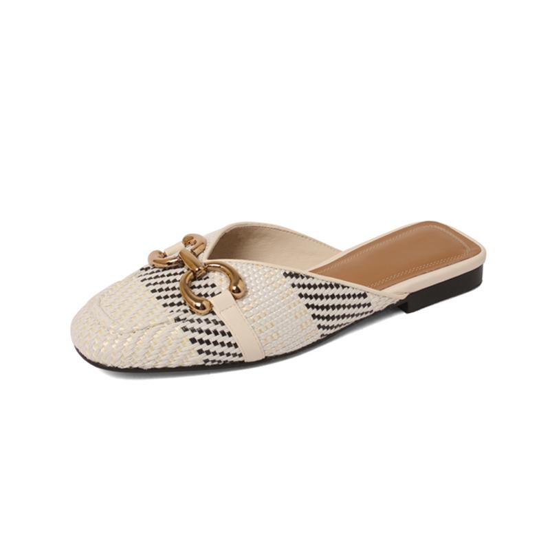 Fashion 2025 New Woven Fabric Mules Casual Summer Sandals Shoes for Women Toe Sandals Low Heel Slippers Shoes Women Metal Decoration