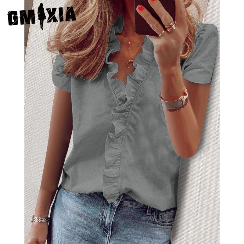 GMXIA Women's Fashion Casual Solid Color Print Short Sleeve V Neck Blouses & Shirts