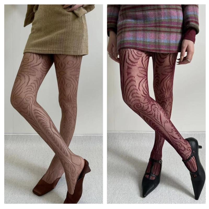 Women Vintage Hollowed Out Fishnet Pantyhose Stockings Japanese Aesthetic Exotic Patterned Sheer Mesh Tights Leggings
