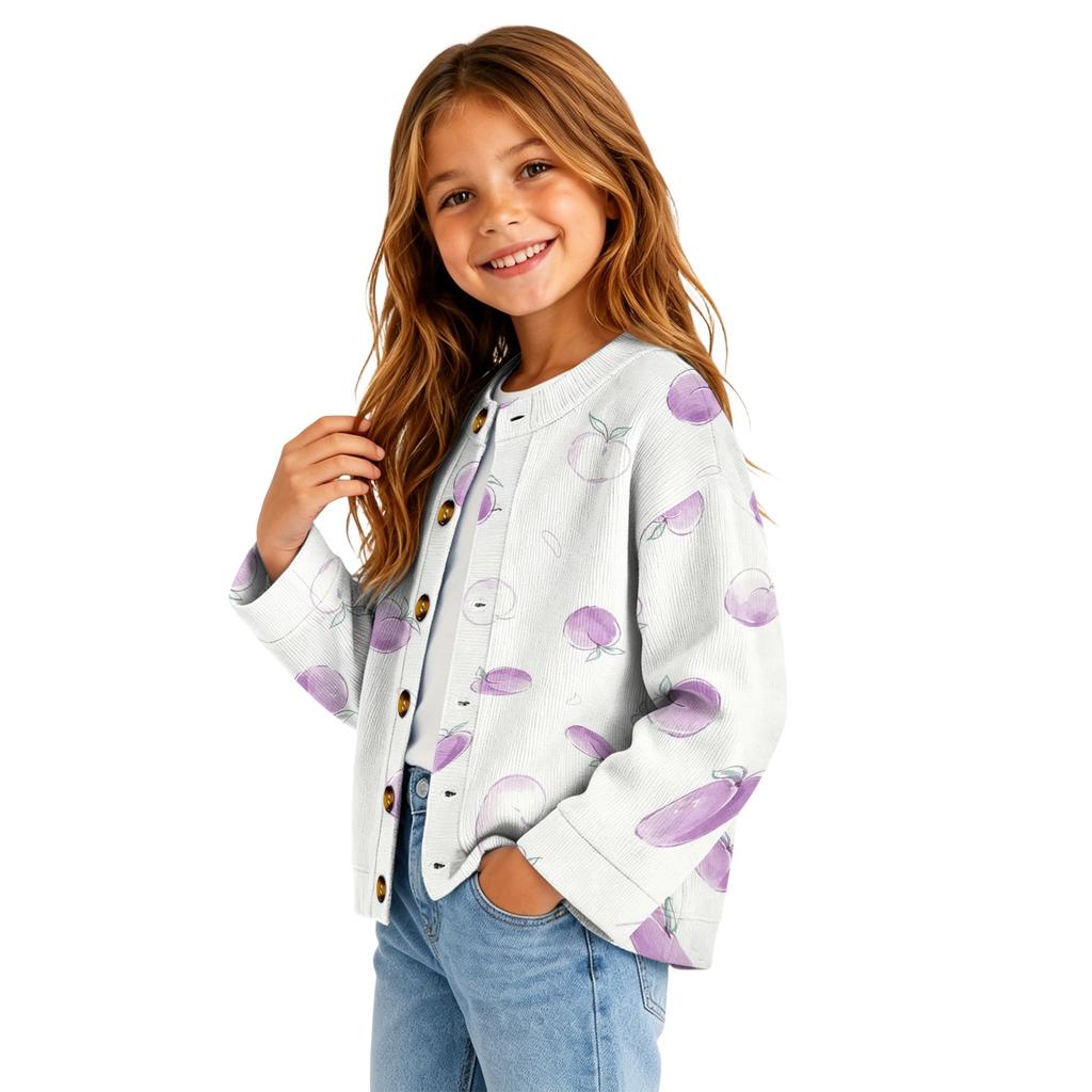 Girls' Fashion Button-Front Cardigan with Cute Print, Casual Open Front Sweater for Everyday Wear