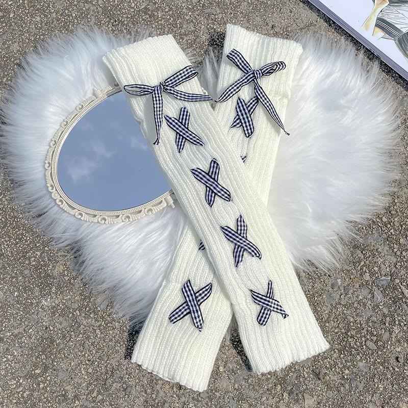 Japanese Lolita Bow Cute Hairball Knitted Socks Cover Women's Winter Leg Warmers Stacking Socks White Jk Socks