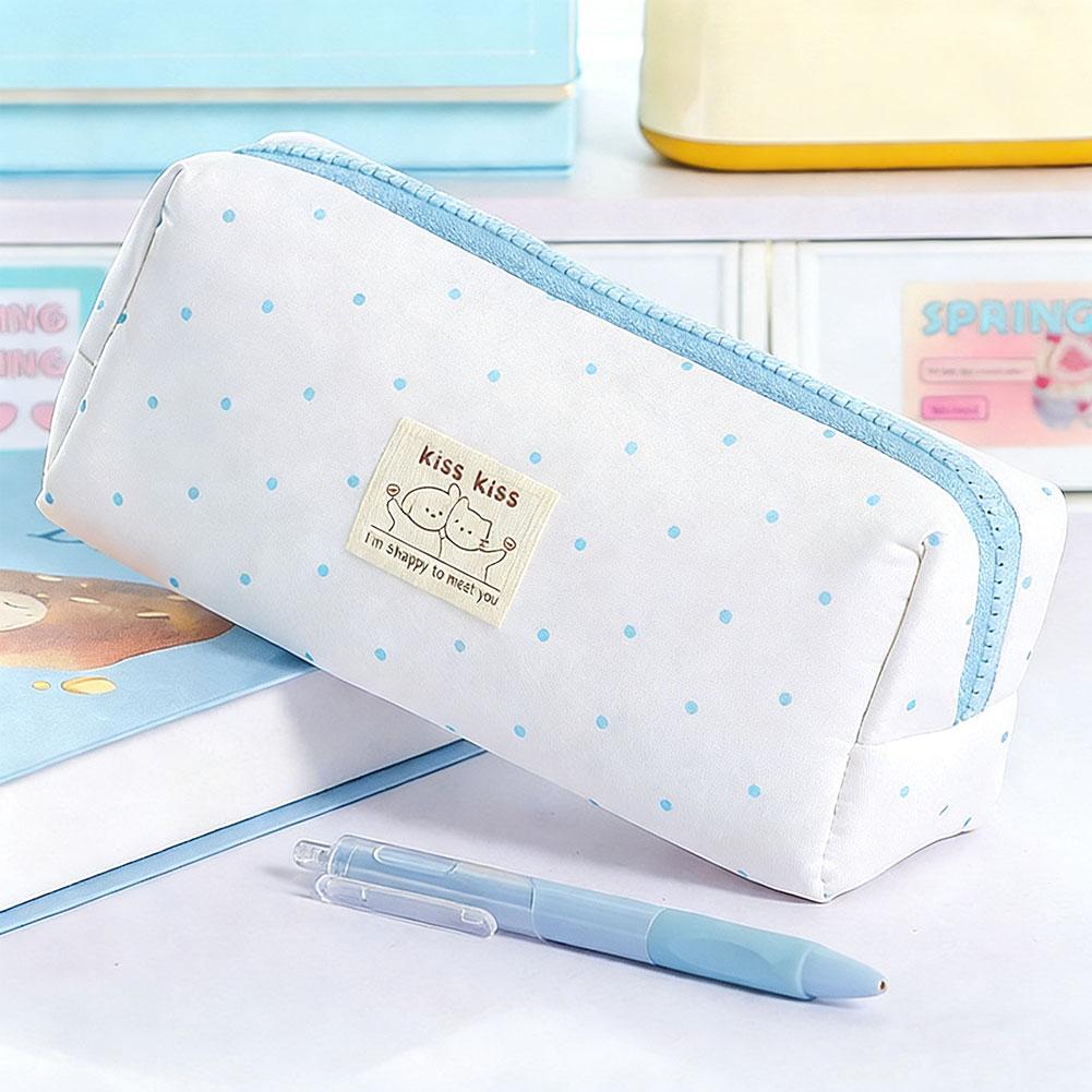 

Cartoon Polka Dot Pencil Case Stain Resistant Large Capacity Pen Bag Korean Cute Animal Milk Puff Kitten Stationery Storage Bag for Students синий