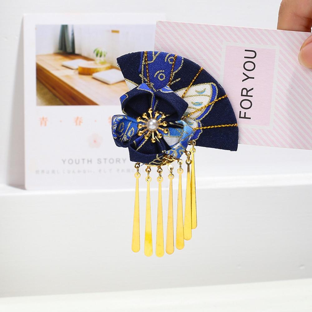 

Elegant Kimono Hair Clip Metal Tassel Faux Pearl Decor Hair Clip Fan Shape Hairpin Ancient Style Style D