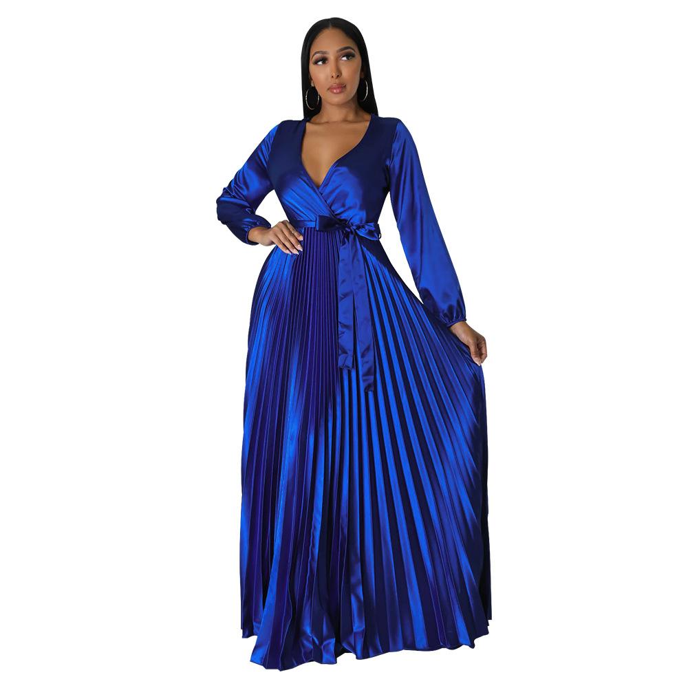 Autumn Winter New Women s V-Neck Lantern Sleeve Tie-Waist Pleated Dress Long Satin Gown Pleated Dress Long Skirt S синий
