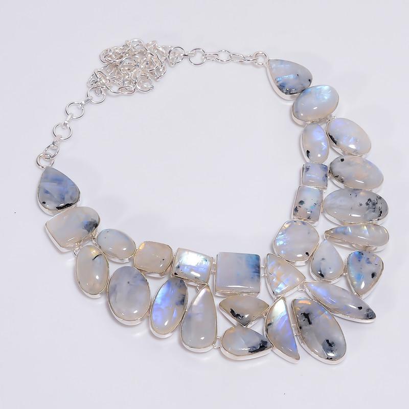 

Exclusive Top Grade Qualite 100% Natural Rainbow Moonstone Ethnic Style Handmade Jewelry 925 Steling Silver Necklace 20 WSJ-4785 срібний