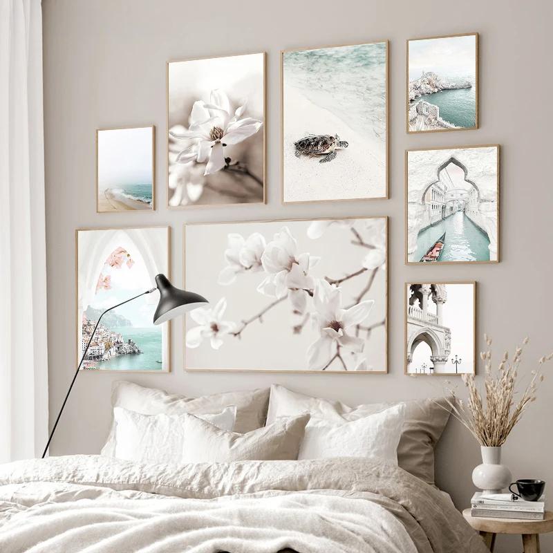 Romantic Blue Beach Posters Coast  Magnolia Flower Print Wall PictureCanvas Painting Nature Theme Blue White Bedroom Decor
