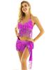 Women Shiny Sequins Tassels Carnival Rave Performance Belly Dance Costume Halter Bra Tops with Hip Scarf Wrap Skirt Set