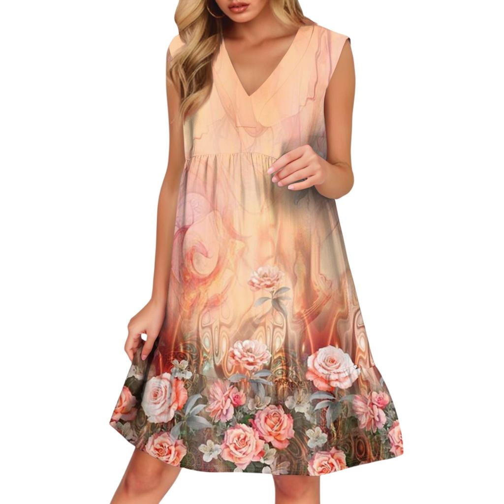 Women's Casual Fashion Breathable V-neck Vest With Pockets Floral Holiday Dress