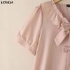 VONDA Women Lapel Neck Short Sleeve Buttons Bow Knot Casual Cropped Blouse Tops
