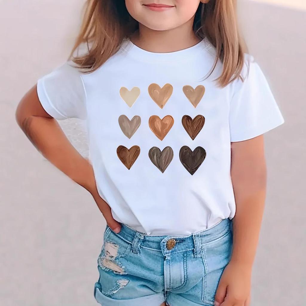 Girls' Gradient Heart Pattern Short-Sleeve T-Shirt, Ideal for Summer, Ages 1-8