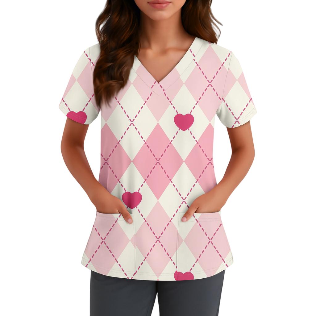Women's Cute Bow Printed Work Clothes V-neck Double Layer Pockets Basic Short Sleeve Top Pullover
