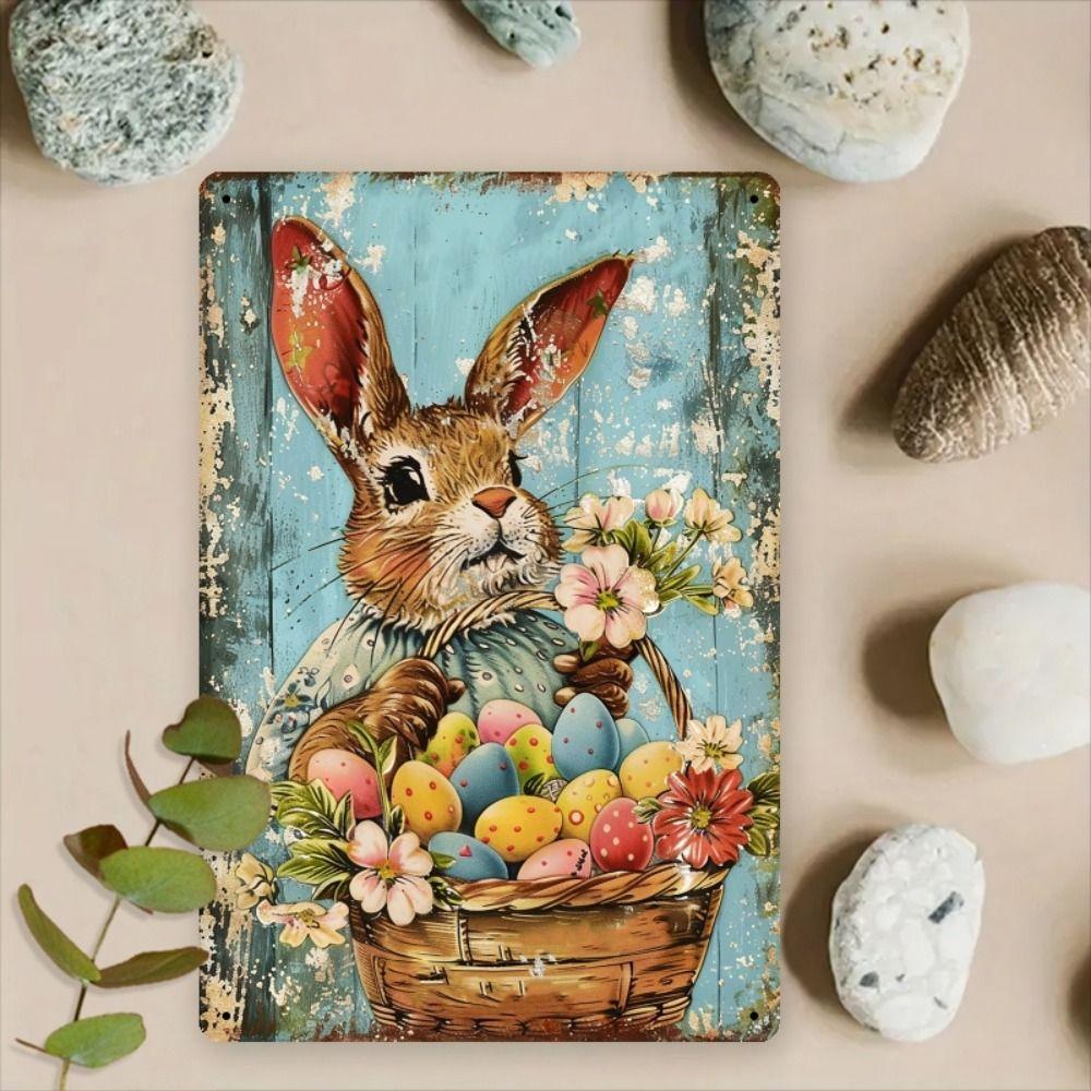 Tin Sign Retro Easter Rabbit Floral Wall Art Home Holiday Decor Metal Poster