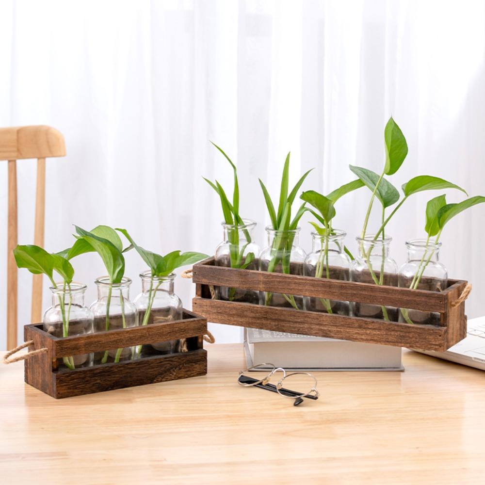 Creative Hydroponic Wooden Frame Vase Tethered Fresh Living Room Minimally Decorative Ornament Desktop Green Rose Vase