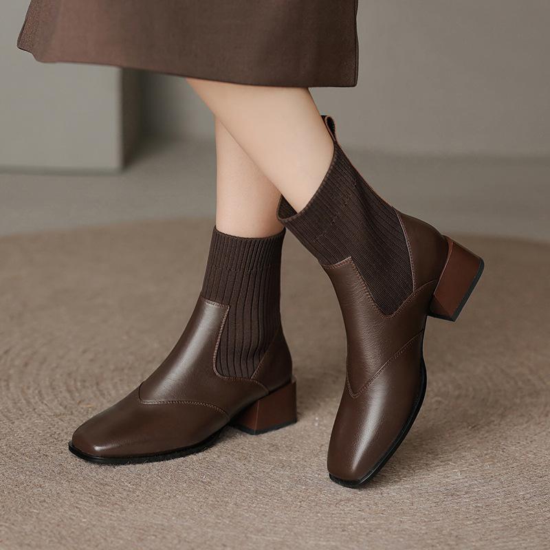 Knitted Sleeve Elastic Skinny Socks Boots Retro Square Head Thick Medium Heel Short Boots Women's Autumn, Winter and Naked Boots