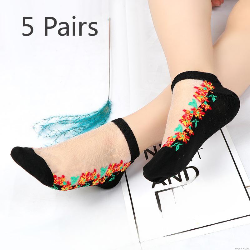 5 Pairs of Women's Summer Embroidered Non Slip Cotton Bottom Glass Silk Socks