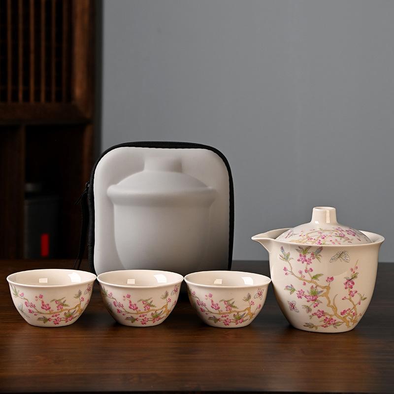 Kleine Gelbe Katze Ru Kiln Reise-Teeset Tragbare Express-Tasse Ein Kännchen Drei Tassen Outdoor Kung Fu Teetassen