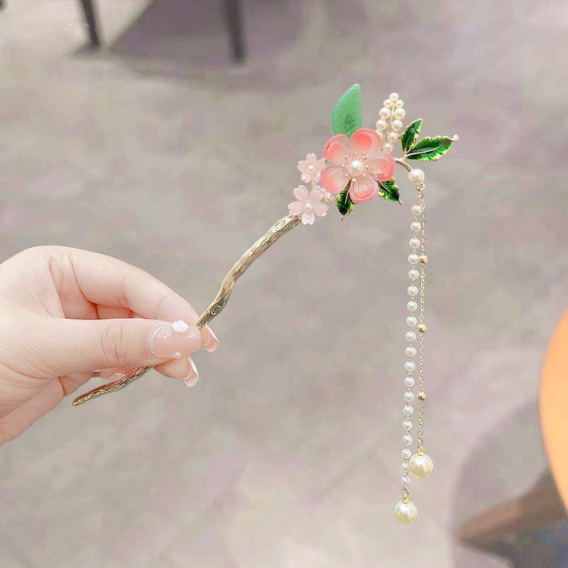 Antique Tassel Pearl Peach Blossom Hairpin Hanfu Sweet Flower Step Hairpin Disc Hair Cheongsam Headdress