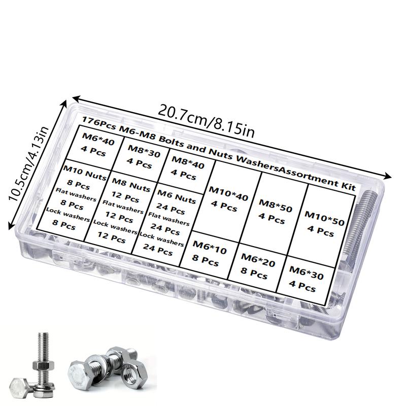 176pcs Stainless Steel M6, M8, M10 Bolts and Nuts Set with Washers - Heavy Duty Industrial Fasteners