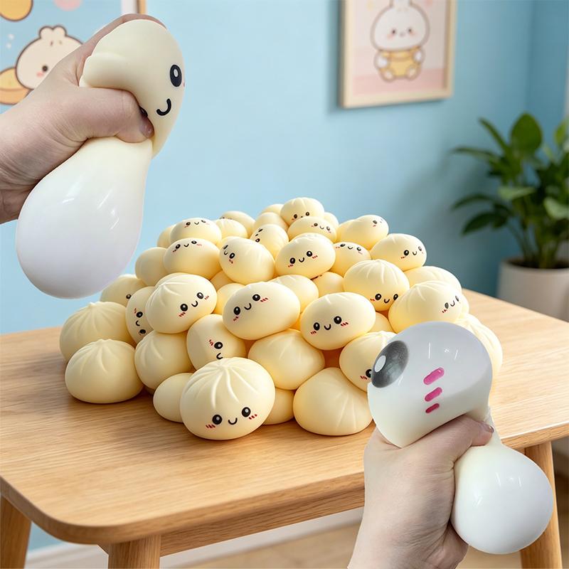 Fake Food Squishy Steamed Stuffed Bun Stress Ball Fidget Sensory Toys Squishies Bun with Steamer Squeeze Dough Ball Gifts