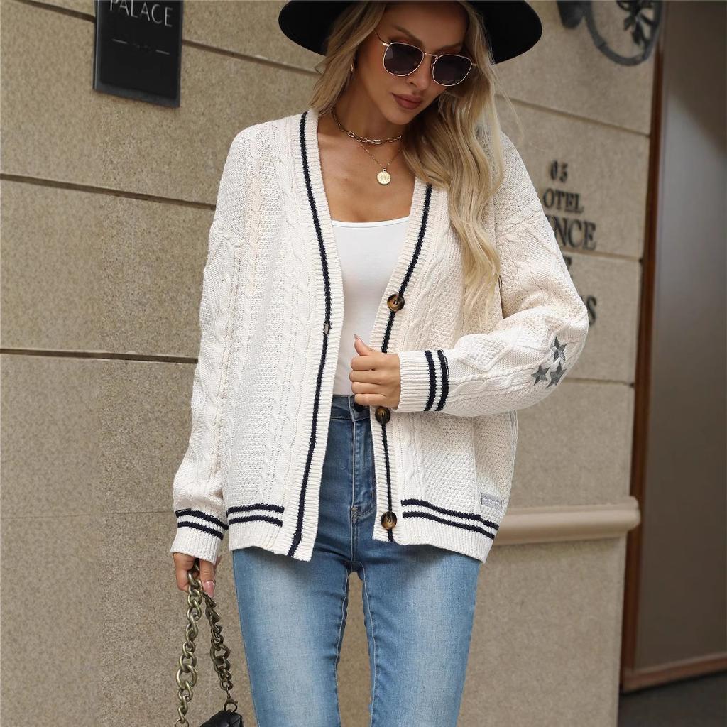 Winter Loose Knitted Cardigans Coat Women Star Embroidery Y2K Sweaters Streetwear Vintage Casual Single Breasted Long Sleeve Top