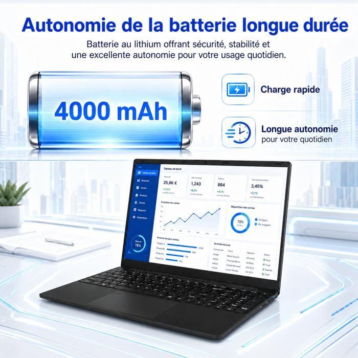 PC Portable 15.6" Processeur Celeron N5095 4C/4T, 8 Go Mémoire DDR4, Stockage SSD 256 Go, Win 11 Pro, Wi-Fi 5, Port HDMI