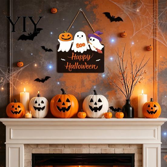 Creative Halloween Party Backdrop Ghost Door Sign, Cute Ghosts Wooden Hanging Wreath, Rustic Happy Pumpkin Wall Plaque Welcome Sign for Home Farmhouse