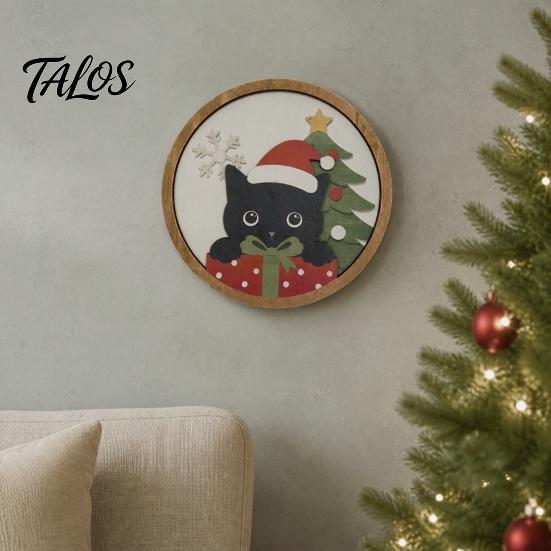 Cute Animal Wall Art Christmas Black Cat Decor, Layered Wooden Hanging Sign, Round 2D Creative Layout Flat Decoration for Living Room Bedroom And Hall