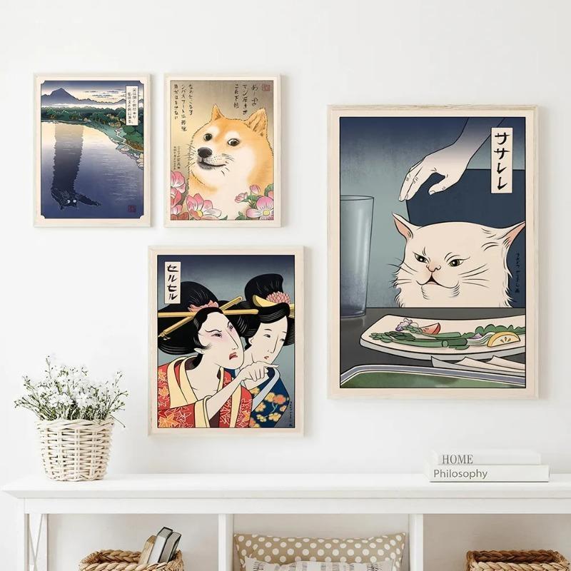 Japanische Poster und Drucke im Ukiyoe-Stil, Frau schreit Katze an, Leinwandgemälde, Vintage-Stil, Longcat-Wandkunst, Bilder, Heimdekoration, kein Rahmen