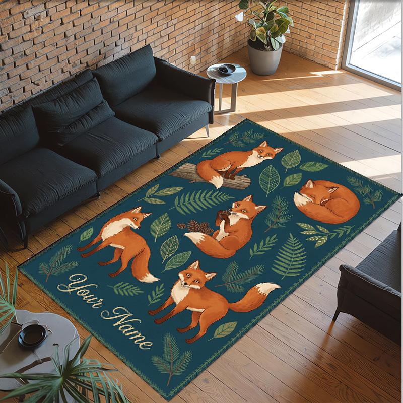 Fox Theme Crystal Velvet Floor Rug Personalized Custom Name Text Warm Carpet Home Decoration