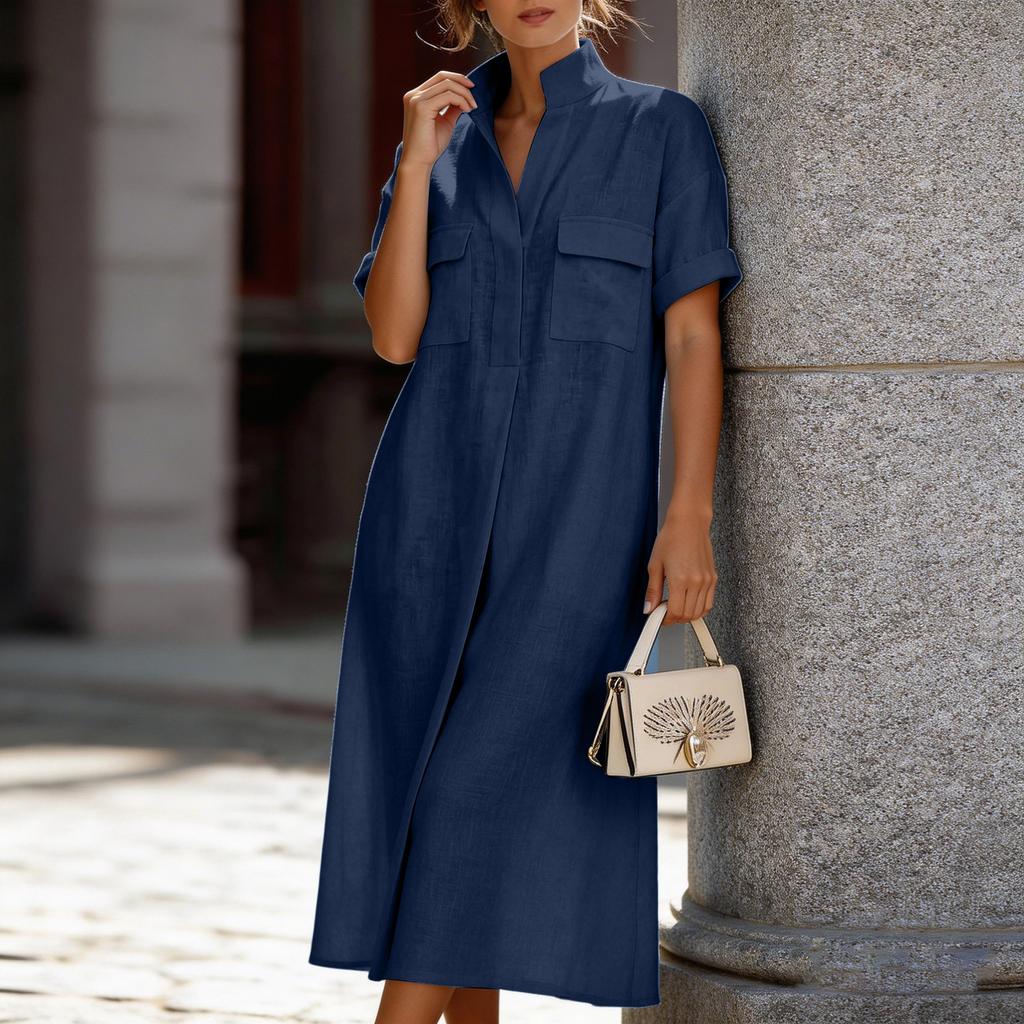 Women's Casual Short-Sleeved Multi-Colored Pocket Loose Casual Dress