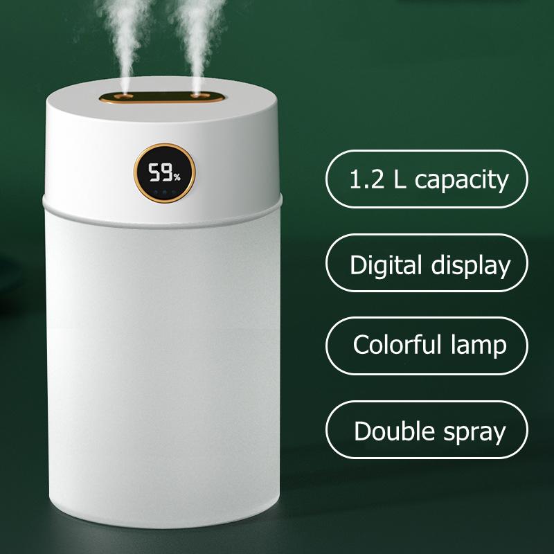 Umidificator de aer cu ultrasunete pentru acasă de 1200 ml Usb duză duală Aparat pentru ceață grea Ceață cu afișaj de umiditate Lumină de noapte LED colorată