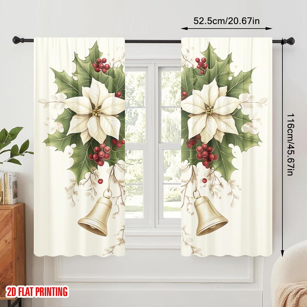 2pcs,2D Plane Printing Light Filtering Curtains Christmas Bells Holly Flowers (2) Versatile Fabric (without Rod) Decorations