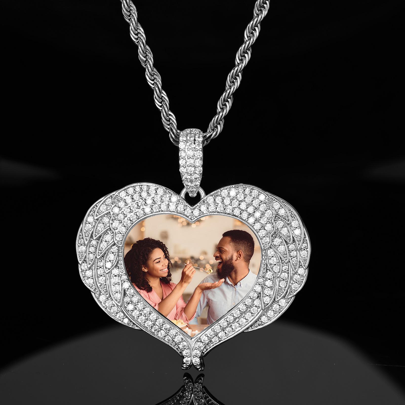 Custom Trendy Heart and Angel Wings Photo Necklace - Personalized DIY Pendant Jewelry