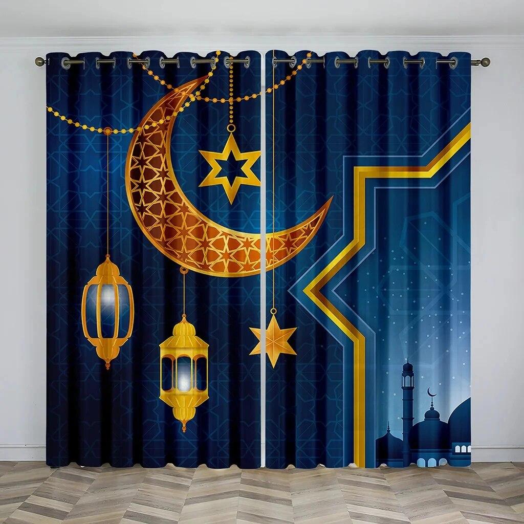 

1pc Ramadan Yellow Moon Castle Printed Translucent Curtains Polyester Rod Pocket for Living Room Bedroom W50xH130(CM)x2PCS-Rod pocket