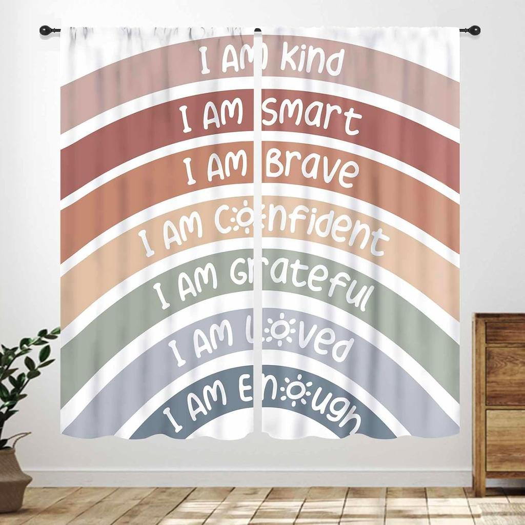 Rainbow Quote Curtains Kids Cartoon Cute Flowers Sun Lovely Inspirational Motivational Words Boys Girls Bedroom Window Polyester Decor Treatment