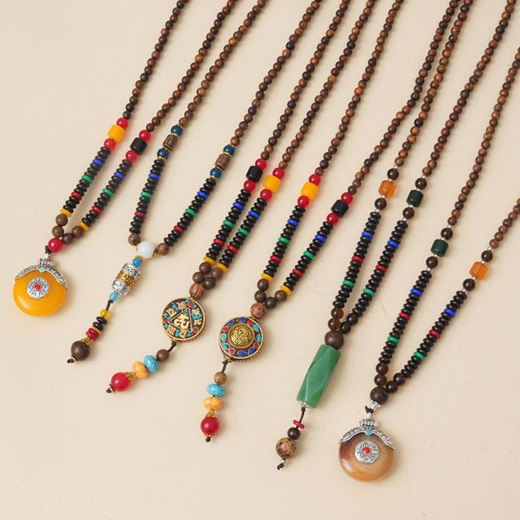 Ethnic Style Wood Necklace & Prayer Beads - Unisex Versatile Chicken Wing Wood Sweater Chain