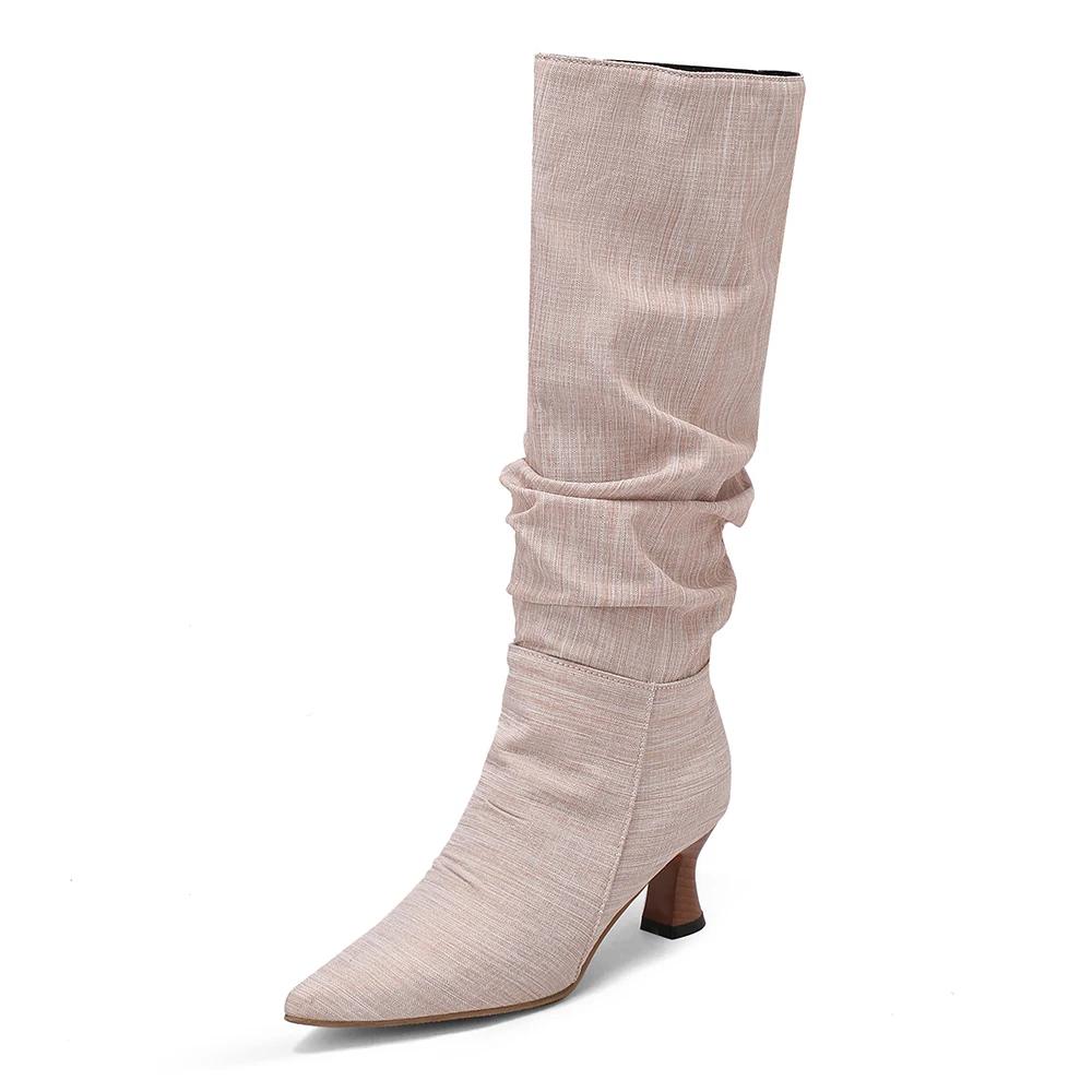 Retro Pleats Thigh High Boots for Women Autumn Thick Heeled Pointed Toe Cowboy Boots Woman Slip On Western Long Botas Mujer