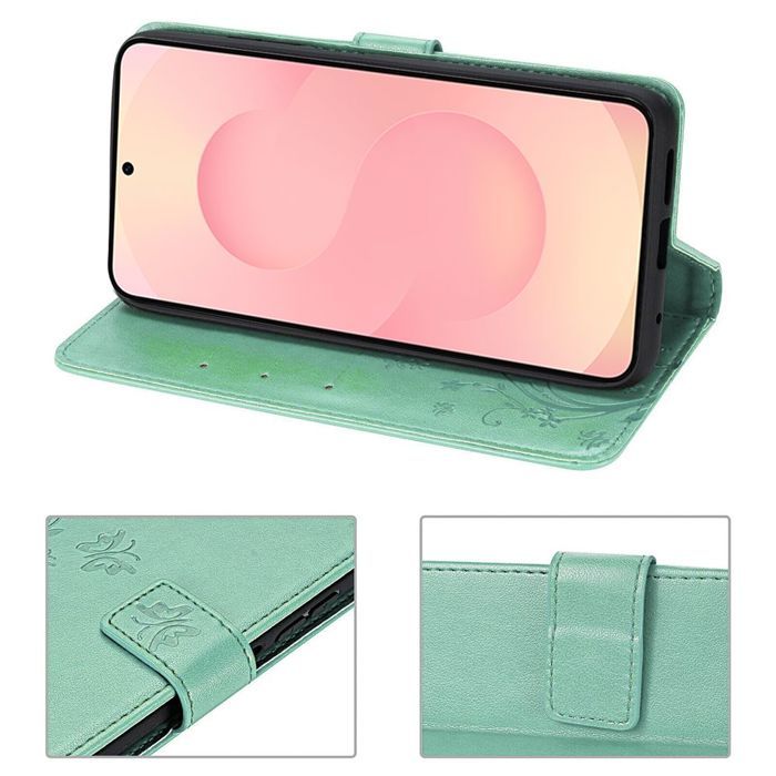 Coque de Protection - BOOLING - pour Samsung Galaxy S25 FE - Antichoc Cuir PU Motif Fleur Vert - avec 2 Verres Trempés