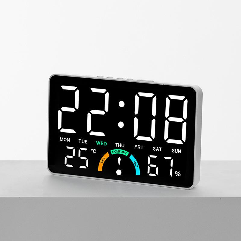 GH9007 Multifunctional LED Clock: Large Screen, Wall-Mountable & Tabletop, with Temperature, Humidity, and Alarm Features.