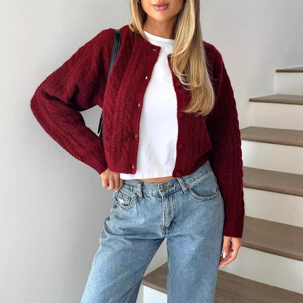 2024 Herbst Schlank geschnittener Zopfmuster-Strickjacke – Einfarbig, Rundhalsausschnitt, Vielseitiger Stil