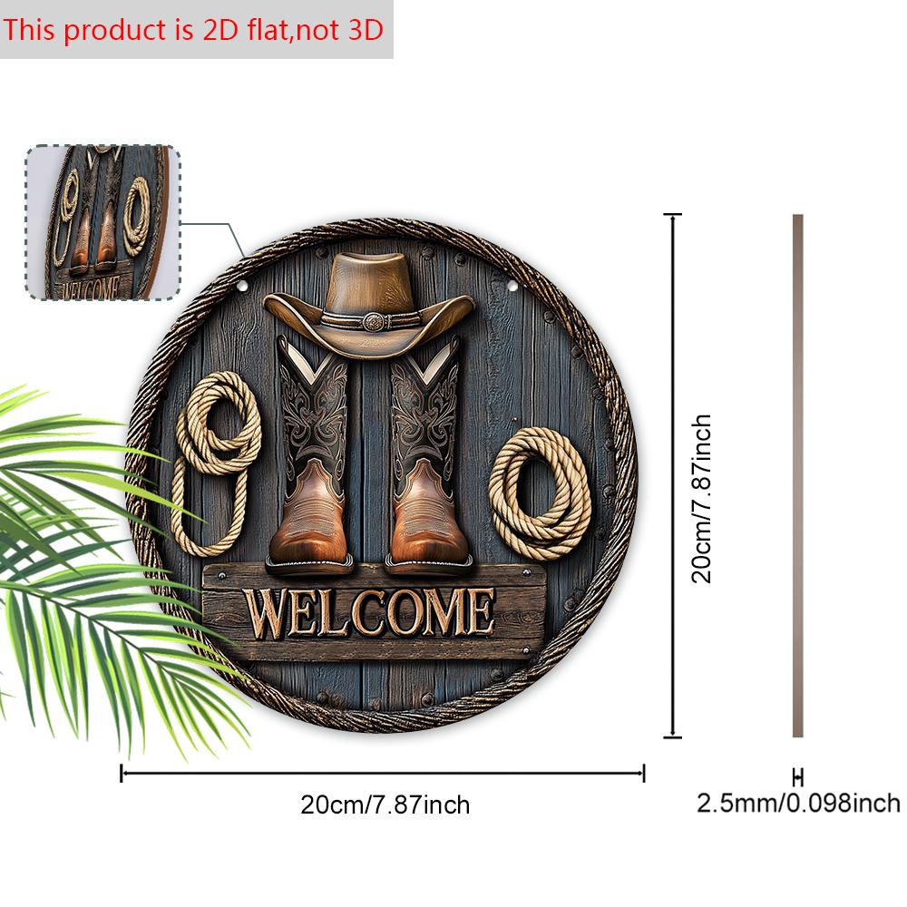 Holzschild im Western-Cowboy-Stil mit Hut-Stiefel-Muster - Rundes Schild für Haustür, Wanddeko - Ideale dekorative Hängeplakette Partydekoration