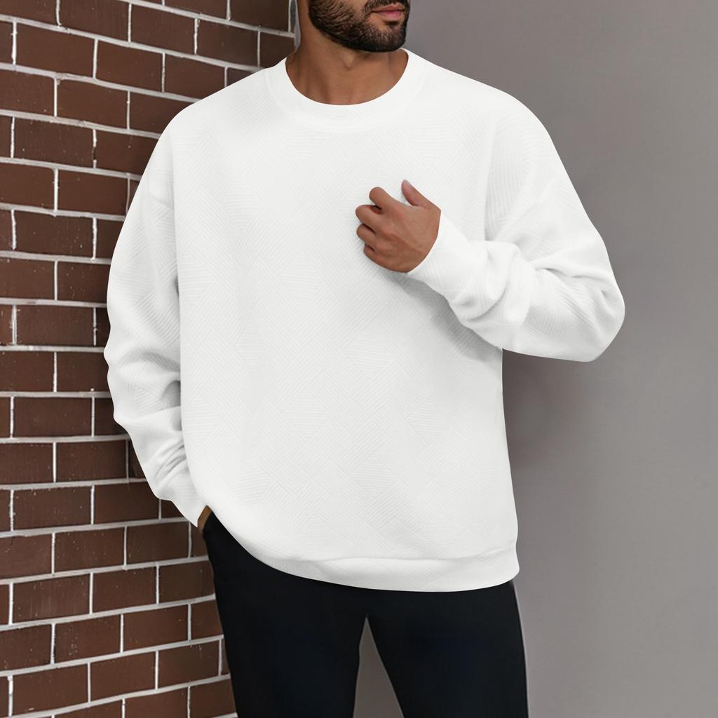 Men's Winter Solid Color Striped Casual Tops Long Sleeve Round Neck Sweatshirt