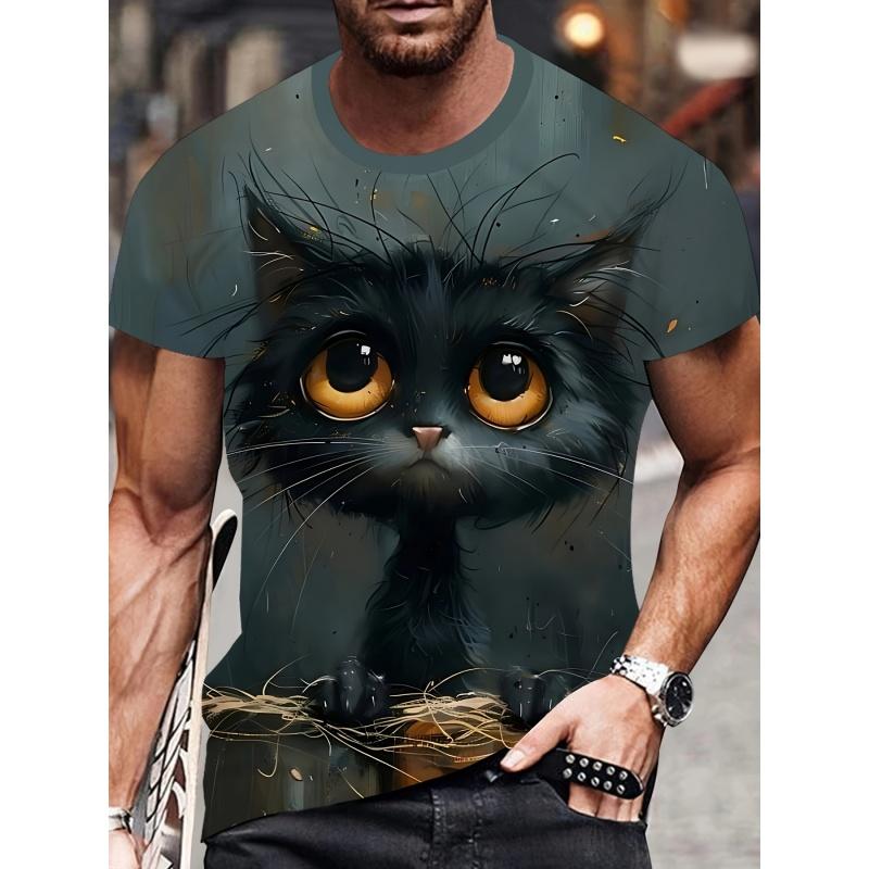 3D Cute Cat Men's T-Shirt, Funny Animal Print Short Sleeve, Harajuku Street Style Top, Crew Neck