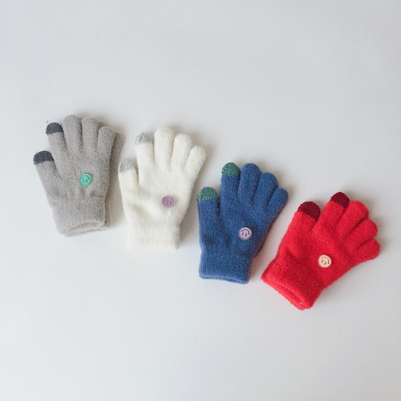 Kinder Winter Fingerlose Handschuhe mit Smiley - Unisex Fünffinger-Wärmer für Schüler