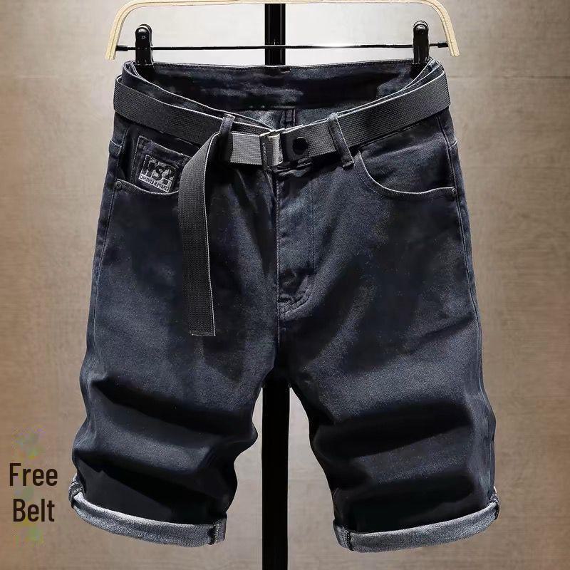 Men's Summer Slim Fit Denim Shorts with Ink-Splashed Print and Diamond Accent