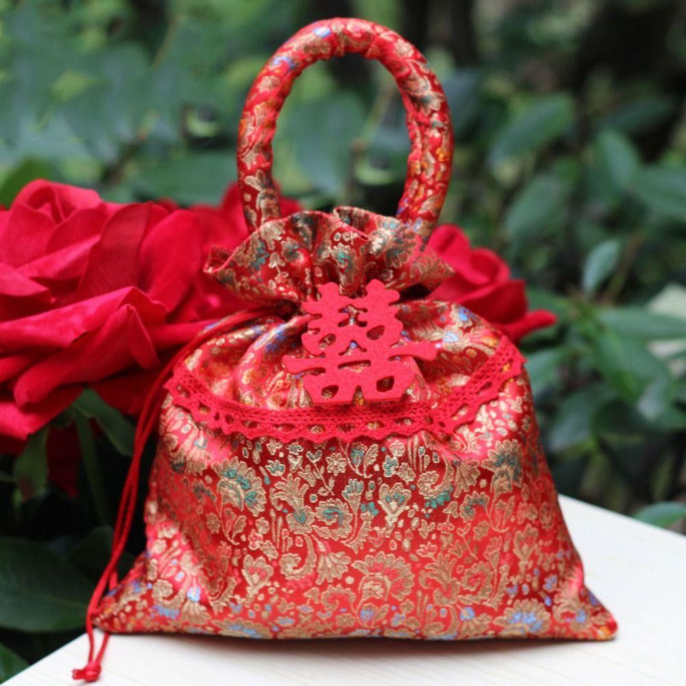 Chinese Style Flower Drawstring Bag Candy Storage Festive Sugar Bag Canvas Tassel Handbag Party