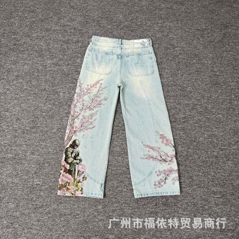 Vescartes Gefallener Engel Bestickte Jeans Locker Gerades Bein Vintage Hose Herren Damen