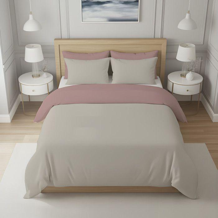 Housse de couette bicolore en coton 57 fils 260x240 cm UNI lin et vieux rose, par Soleil d'ocre